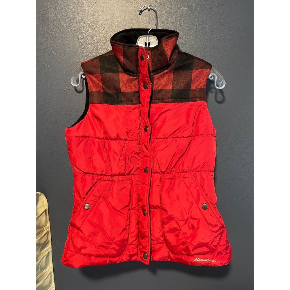 Eddie Bauer Womens Red Puffer Vest Buffalo Plaid Yoke Corduroy Collar XS